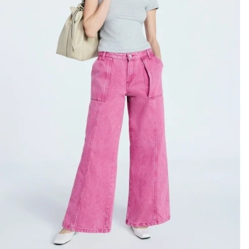 Scoop Pink Wide Leg Jeans Acid Wash Utility Pockets Cotton Mid Rise NWT - Size 8